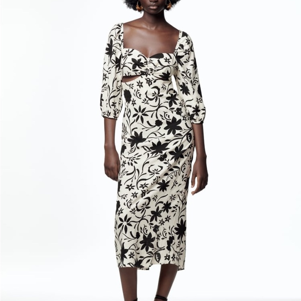 Zara Black & White Floral Print Linen Midi Dress Open Back Ties Puff Sleeve - L